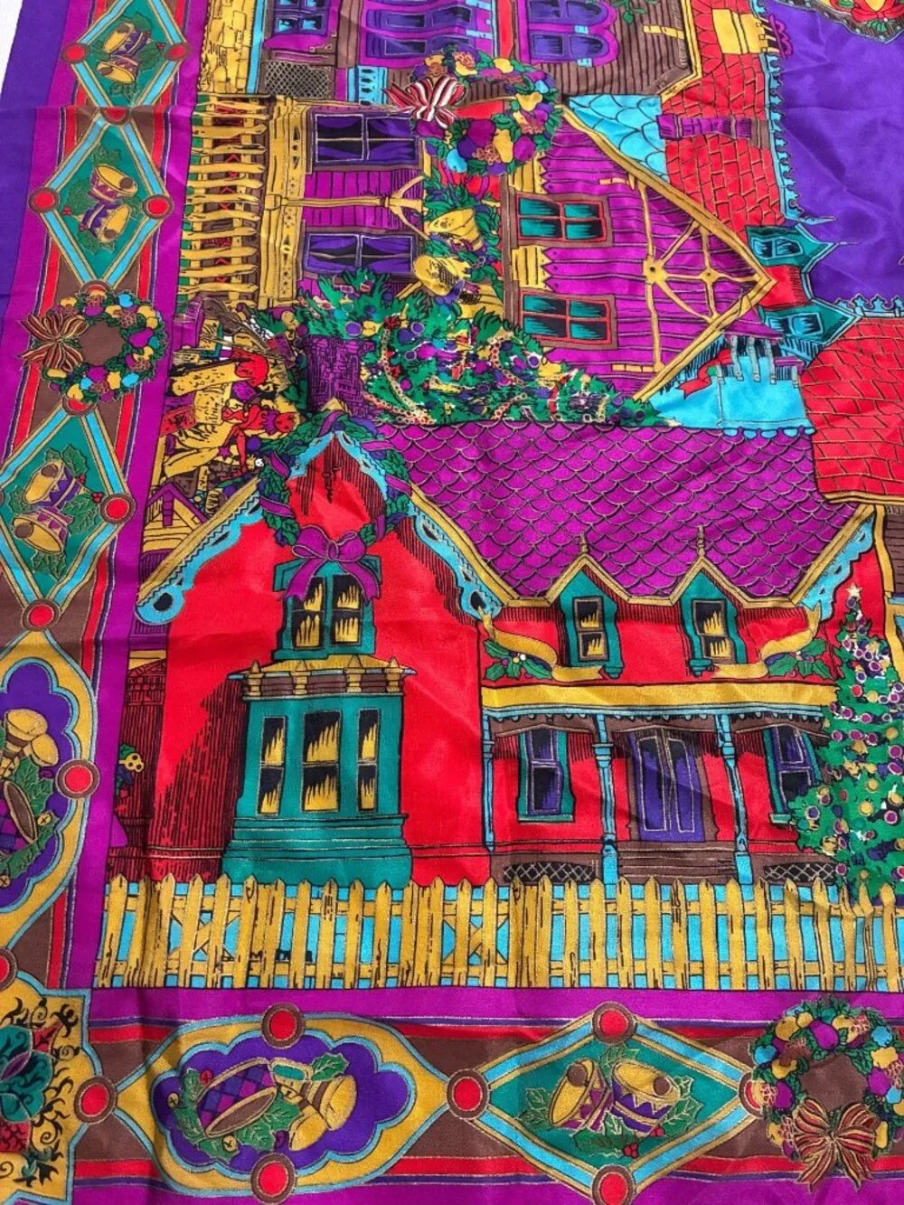 Oscar De La Renta Studio 100% Silk Christmas Village Scarf Multicolor vintage